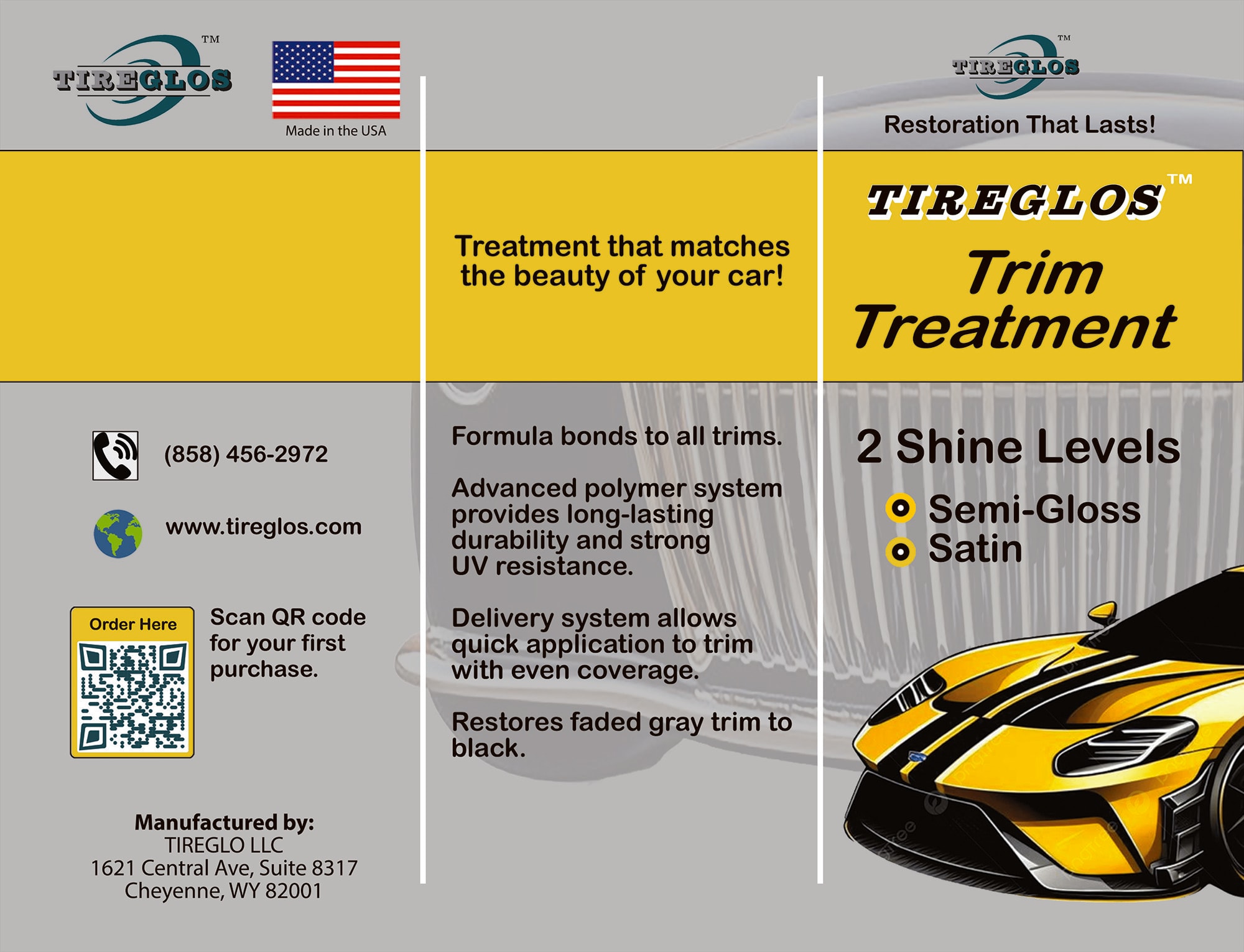 TireGlos Trim Treatment brochure outside panel — brand identity, product benefits, and contact information